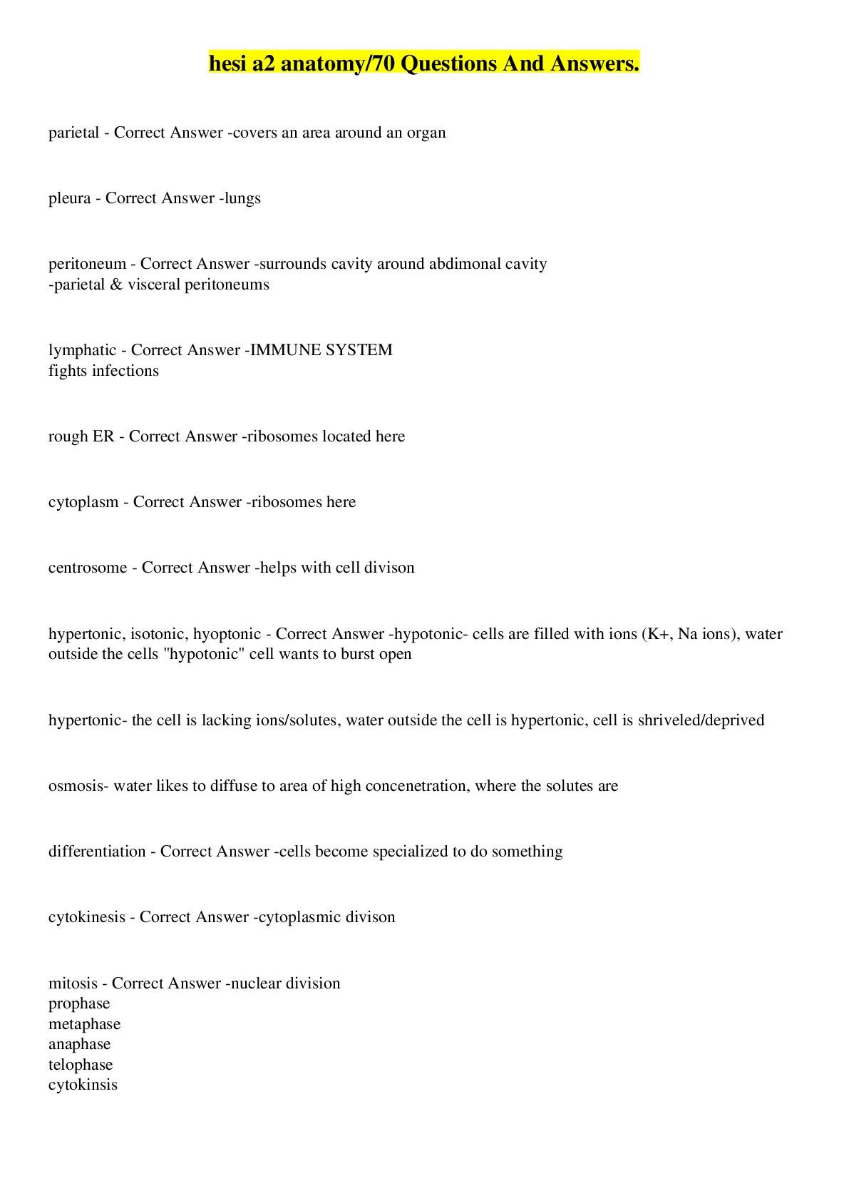 Preview image for hesi a2 anatomy/70 Questions And Answers.